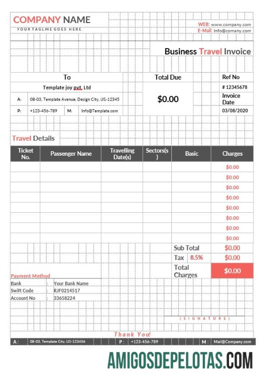 imprimível Modelo de fatura de viagem de negócios